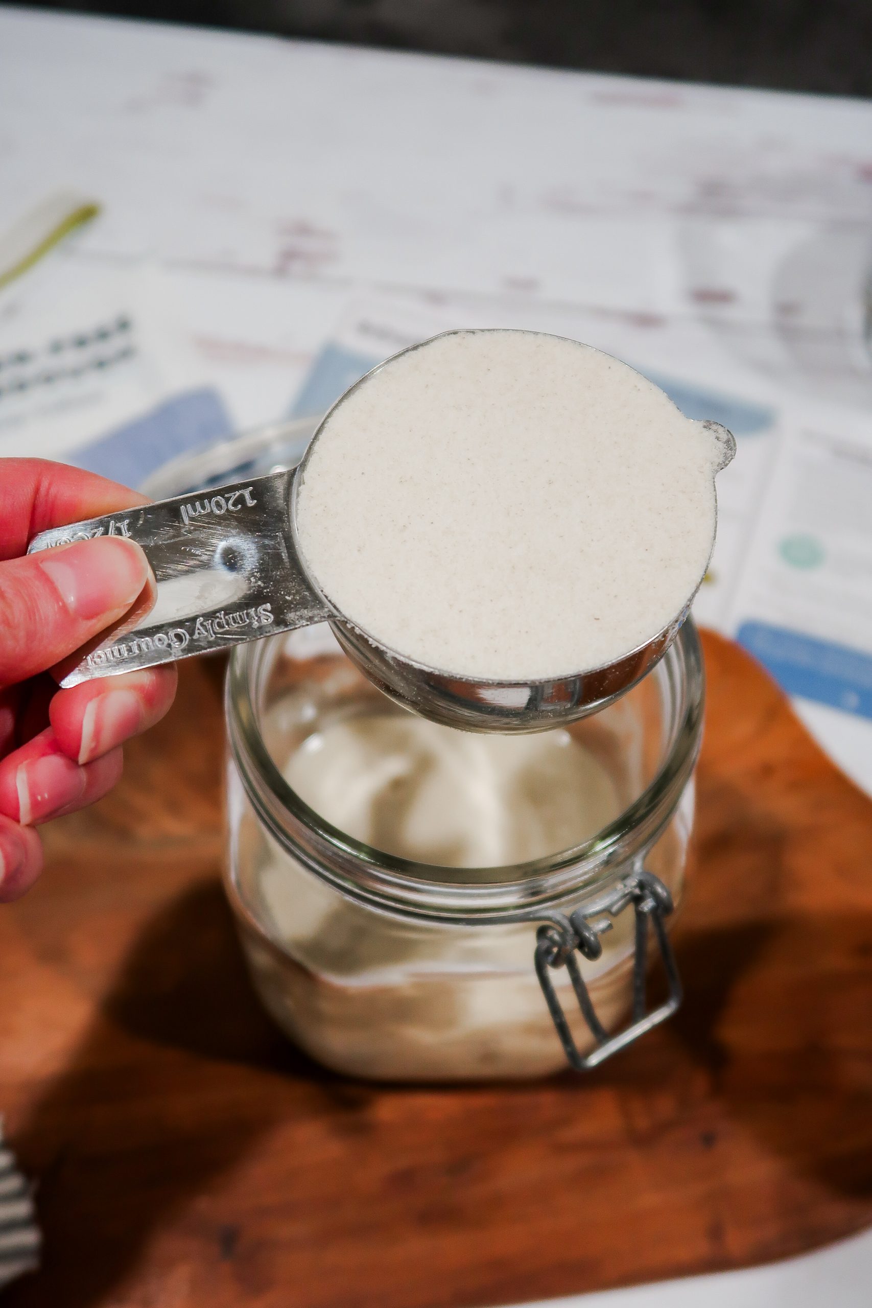 Adding ½ cup of flour to a gluten free sourdough starter. Wonders of Cooking
